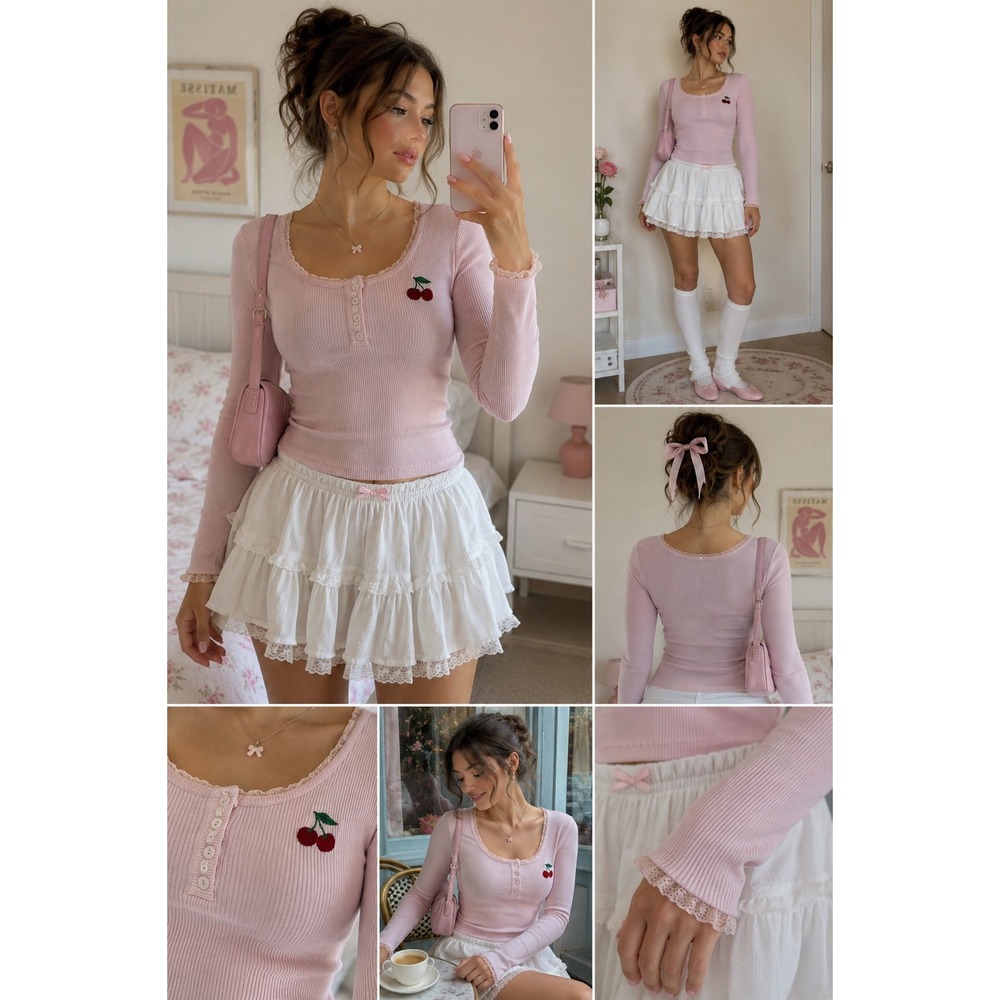 Madden NYC Pink Ribbed Knit Henley Top Lace Trim Cherry Embroidered Coquette M